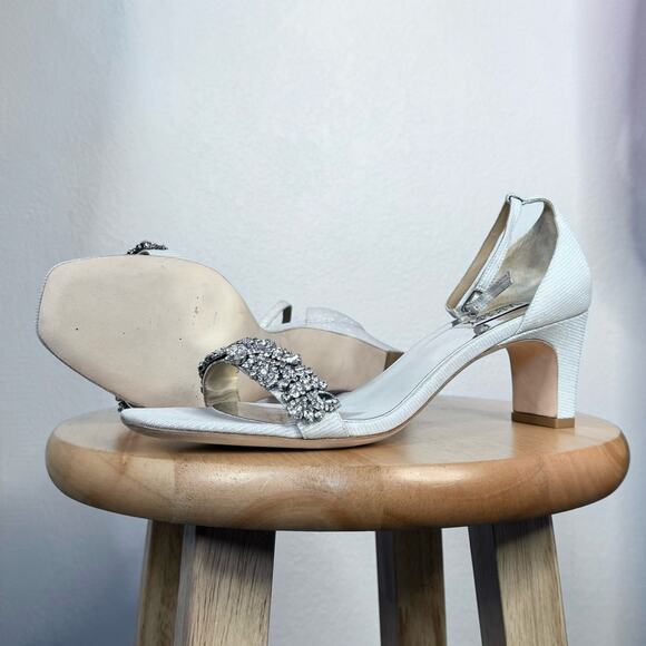 Badgley Mischka Silver Crystal Block Heel Sandals 10 Wedding Evening Bridal Shoe - Picture 2 of 9